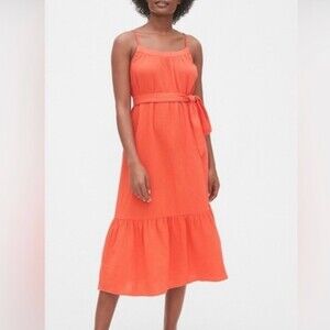 GAP Midi Sundress Womens S Textured Cotton Gauze Tie Waist Bow Back